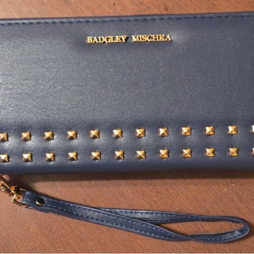 Badgley Mischka Navy Leather Clutch with Gold Hardware